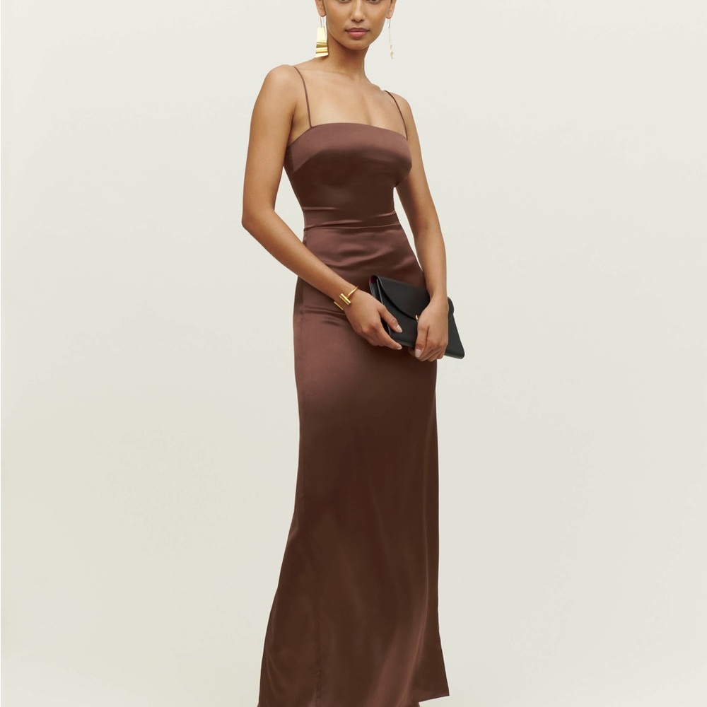 Reformation Petites Frankie Elegant Brown Satin Evening Gown Size 10P